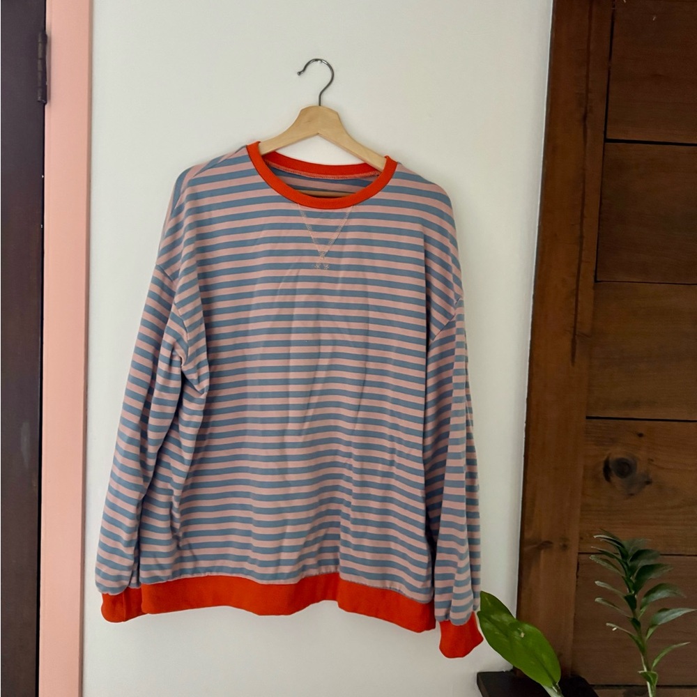 Women Oversized Striped Color Block Long Sleeve Crew Neck Sweatshirt